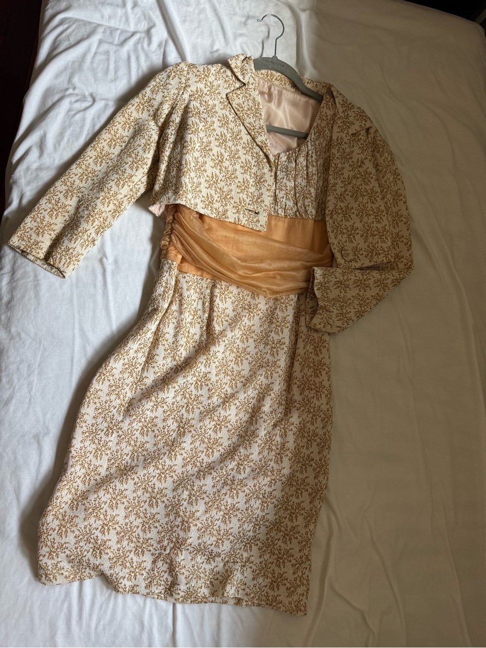 Vintage-Inspired Cream & Mustard Floral Dress with Sash